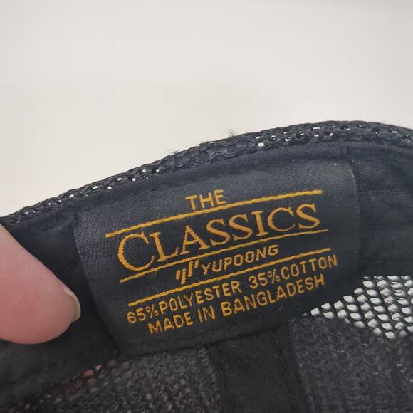 Yupoong Trucker Hat Black Brown Leather Patch Broken Bowl Catering OS Snapback - Picture 10 of 10